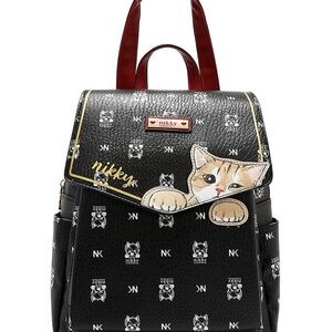 Nikky Black Cat Print Backpack